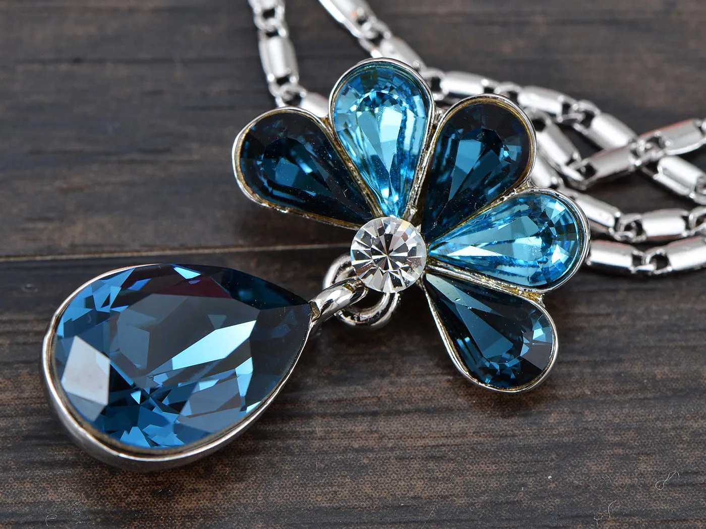 Swarovski Crystal Capri Blue Elements Peacock Feather Teardrop Necklace