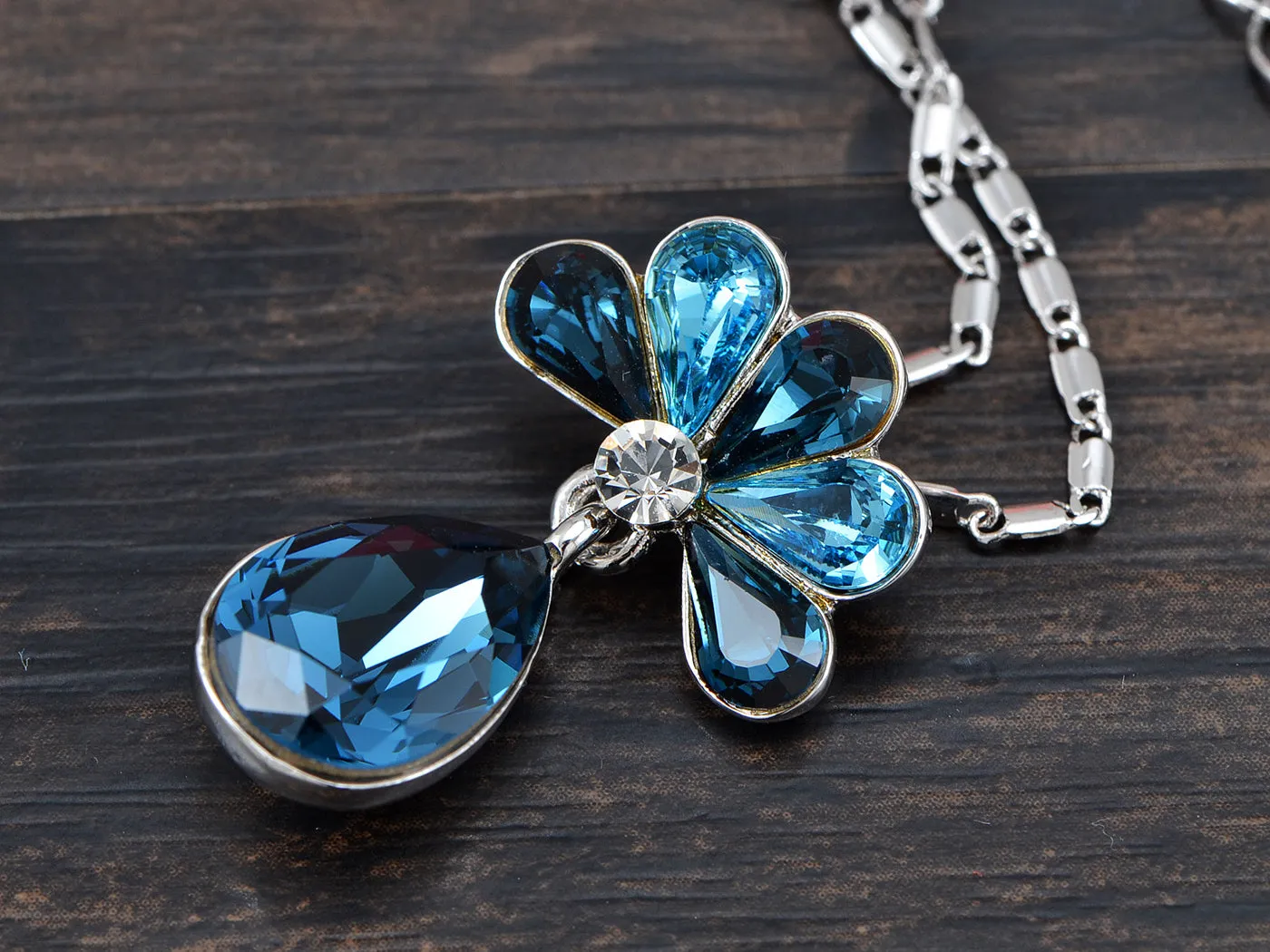 Swarovski Crystal Capri Blue Elements Peacock Feather Teardrop Necklace