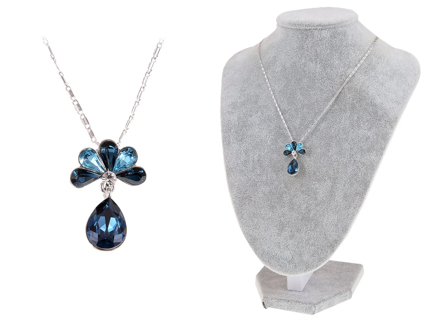 Swarovski Crystal Capri Blue Elements Peacock Feather Teardrop Necklace