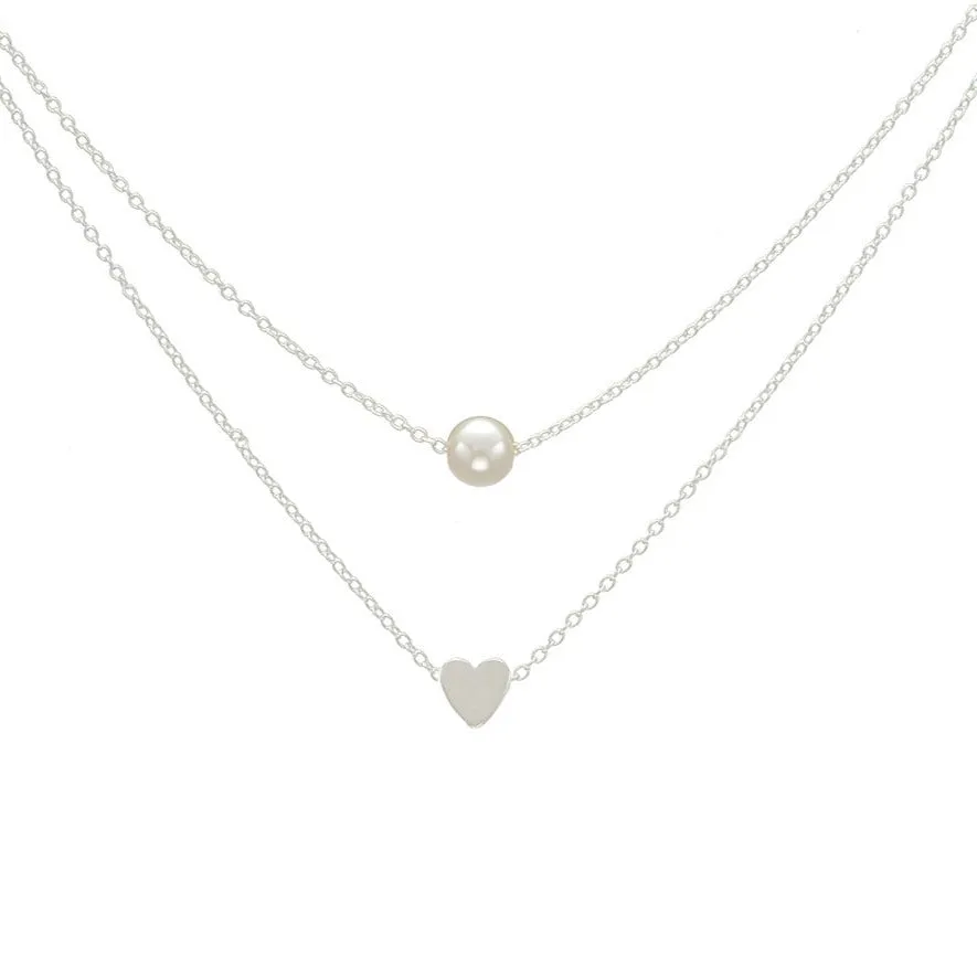 Sweet Double Layers Imitation Pearls Heart-shaped Pendant Necklace