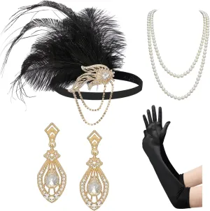 SWEETV 1920s Flapper Accessories Set for Women, Roaring 20s Great Gatsby Headband Flapper Costume Accessories 070409