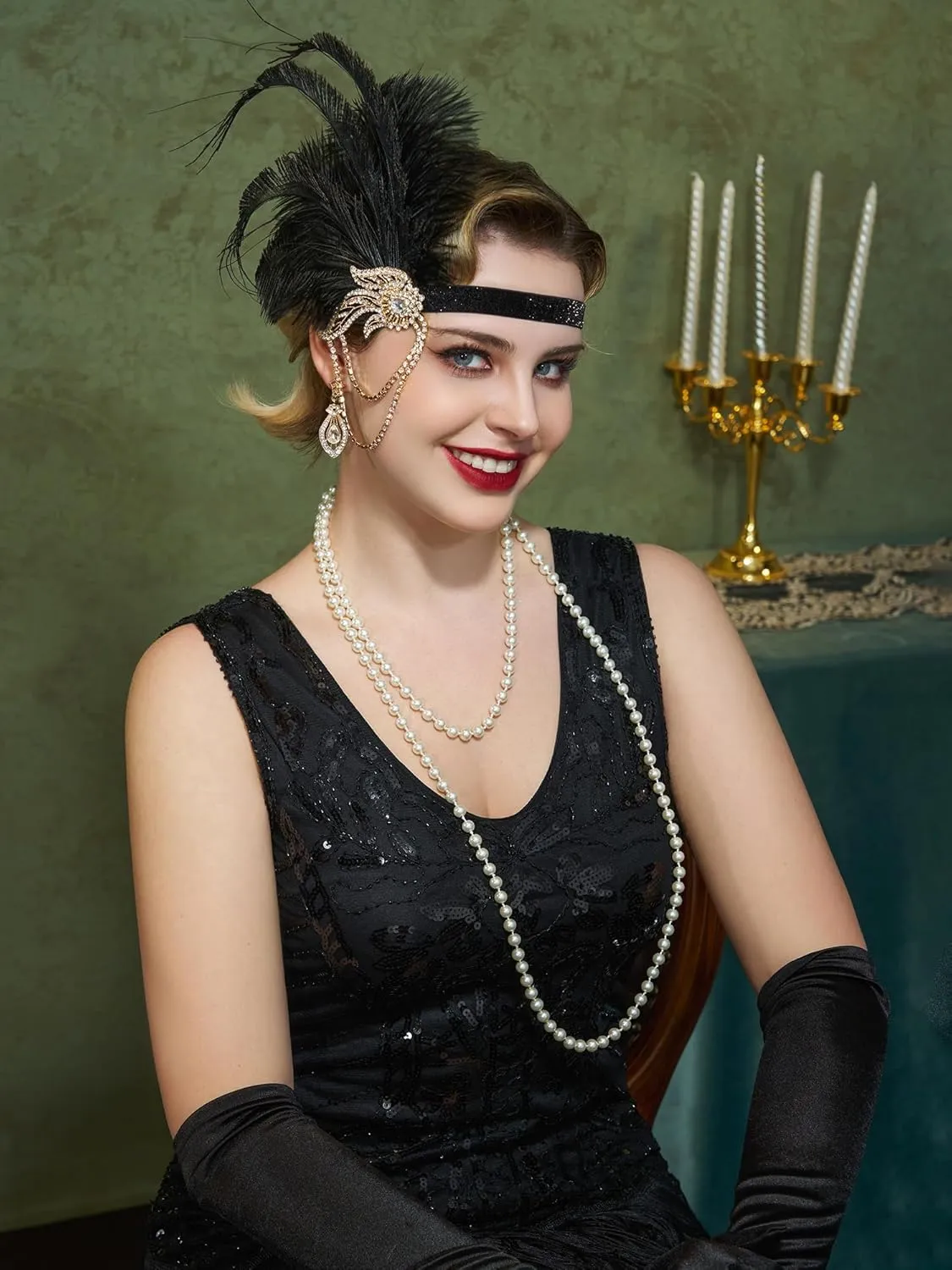 SWEETV 1920s Flapper Accessories Set for Women, Roaring 20s Great Gatsby Headband Flapper Costume Accessories 070409