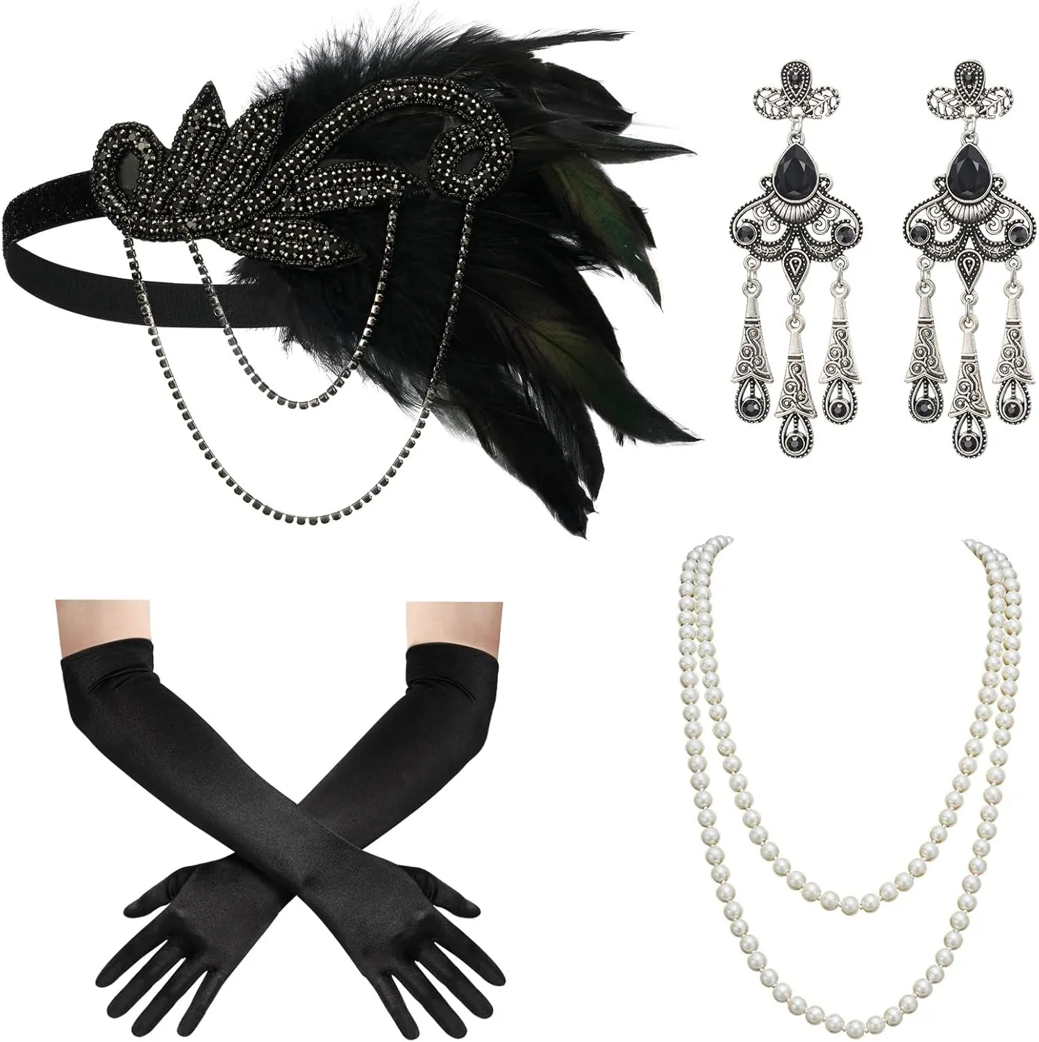 SWEETV 1920s Flapper Accessories Set for Women, Roaring 20s Great Gatsby Headband Flapper Costume Accessories
