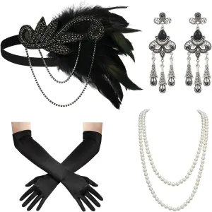 SWEETV 1920s Flapper Accessories Set for Women, Roaring 20s Great Gatsby Headband Flapper Costume Accessories