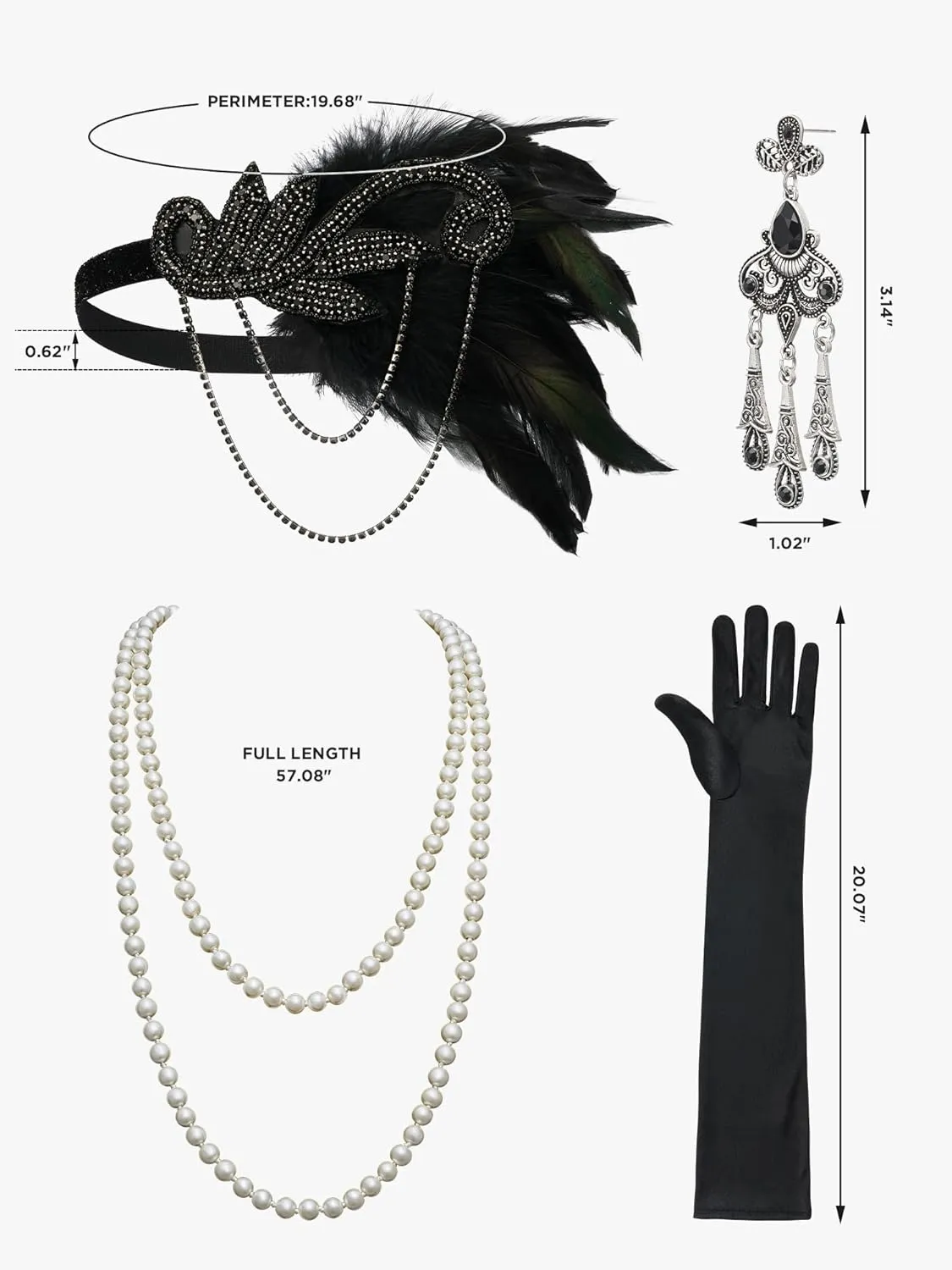 SWEETV 1920s Flapper Accessories Set for Women, Roaring 20s Great Gatsby Headband Flapper Costume Accessories