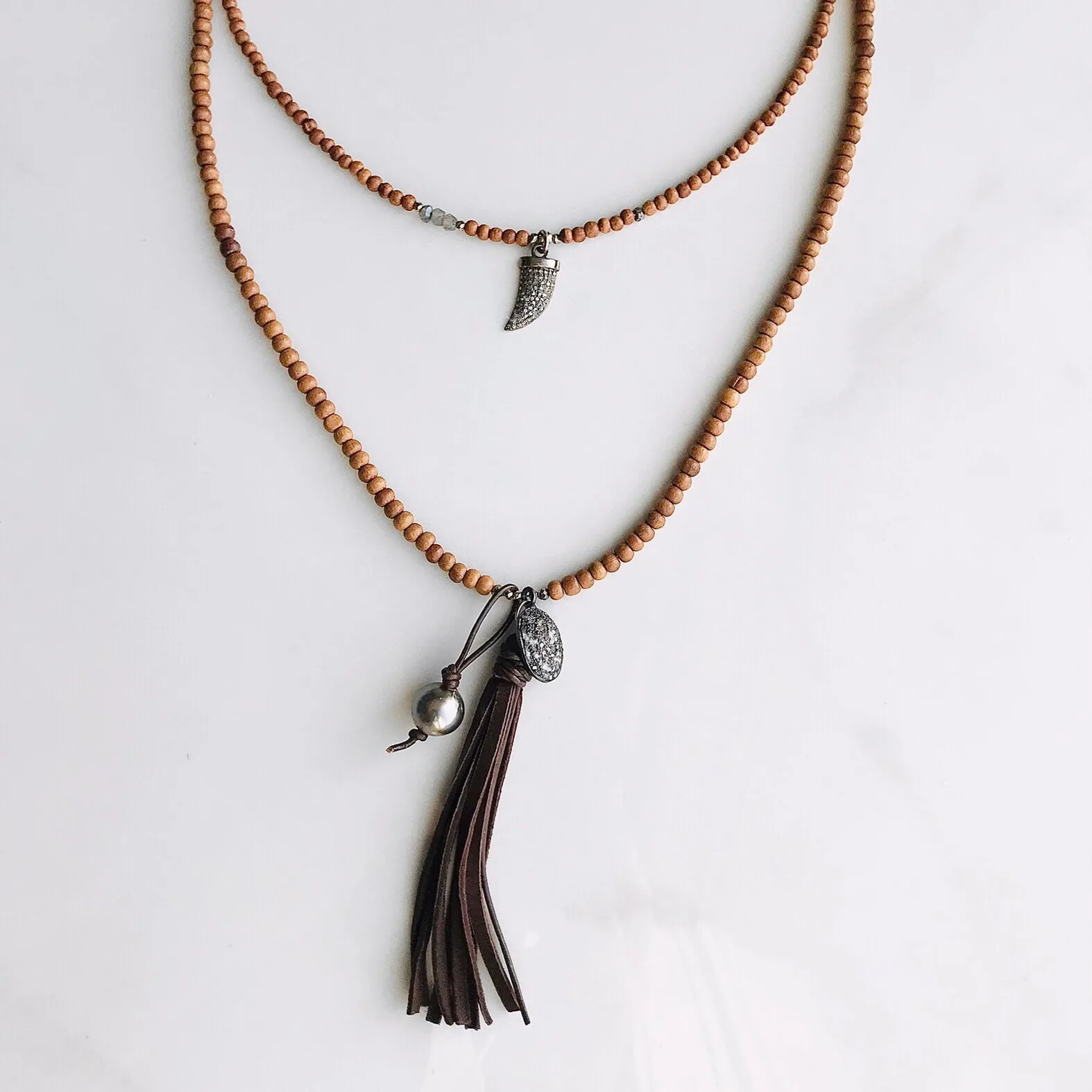 Tahitian Pearl & Sandalwood Tassel Necklace with Pavè Diamond Pendant