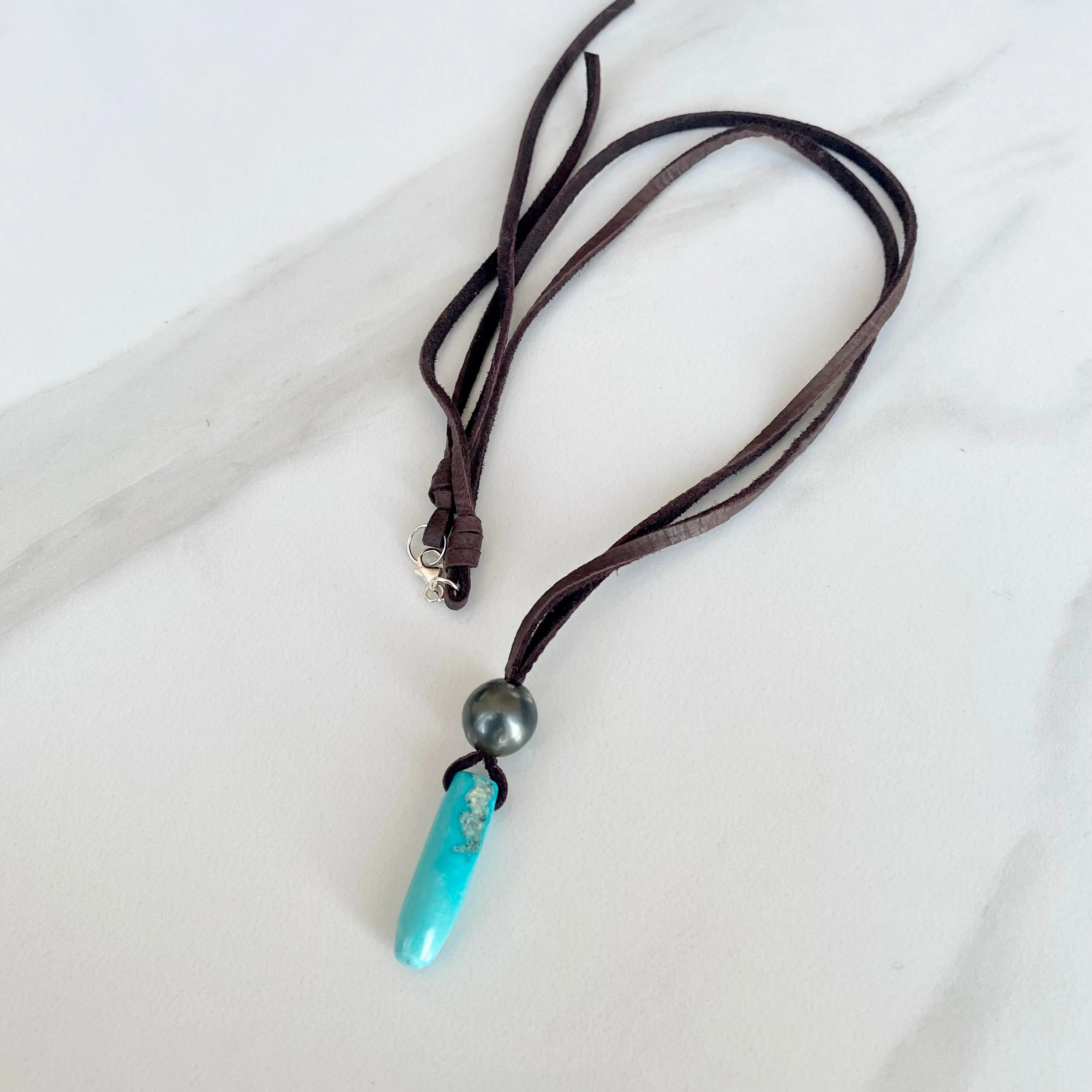 Tahitian Pearl & Turquoise Pendant Leather Necklace