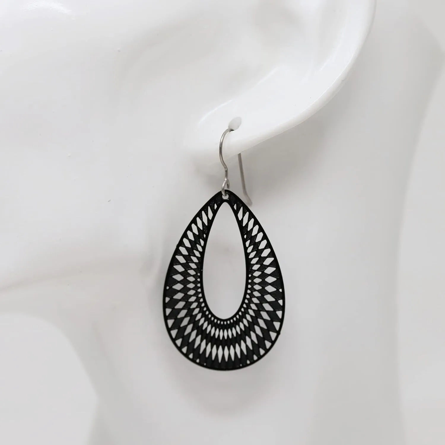 Teardrop Dangle Earrings Geometric Cutout Hypoallergenic Titanium Hooks (Black)