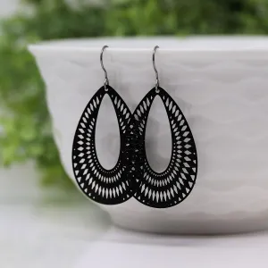 Teardrop Dangle Earrings Geometric Cutout Hypoallergenic Titanium Hooks (Black)