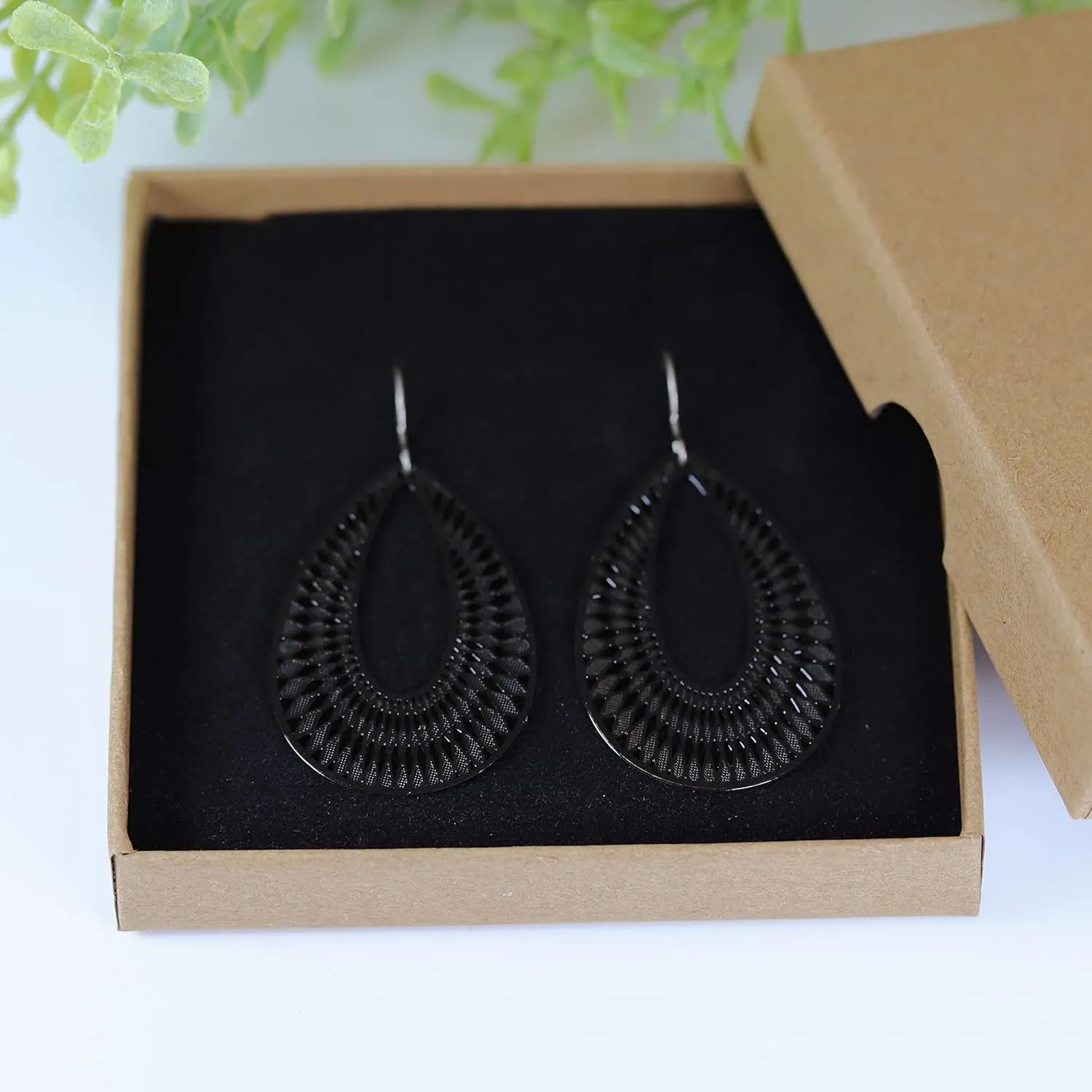 Teardrop Dangle Earrings Geometric Cutout Hypoallergenic Titanium Hooks (Black)