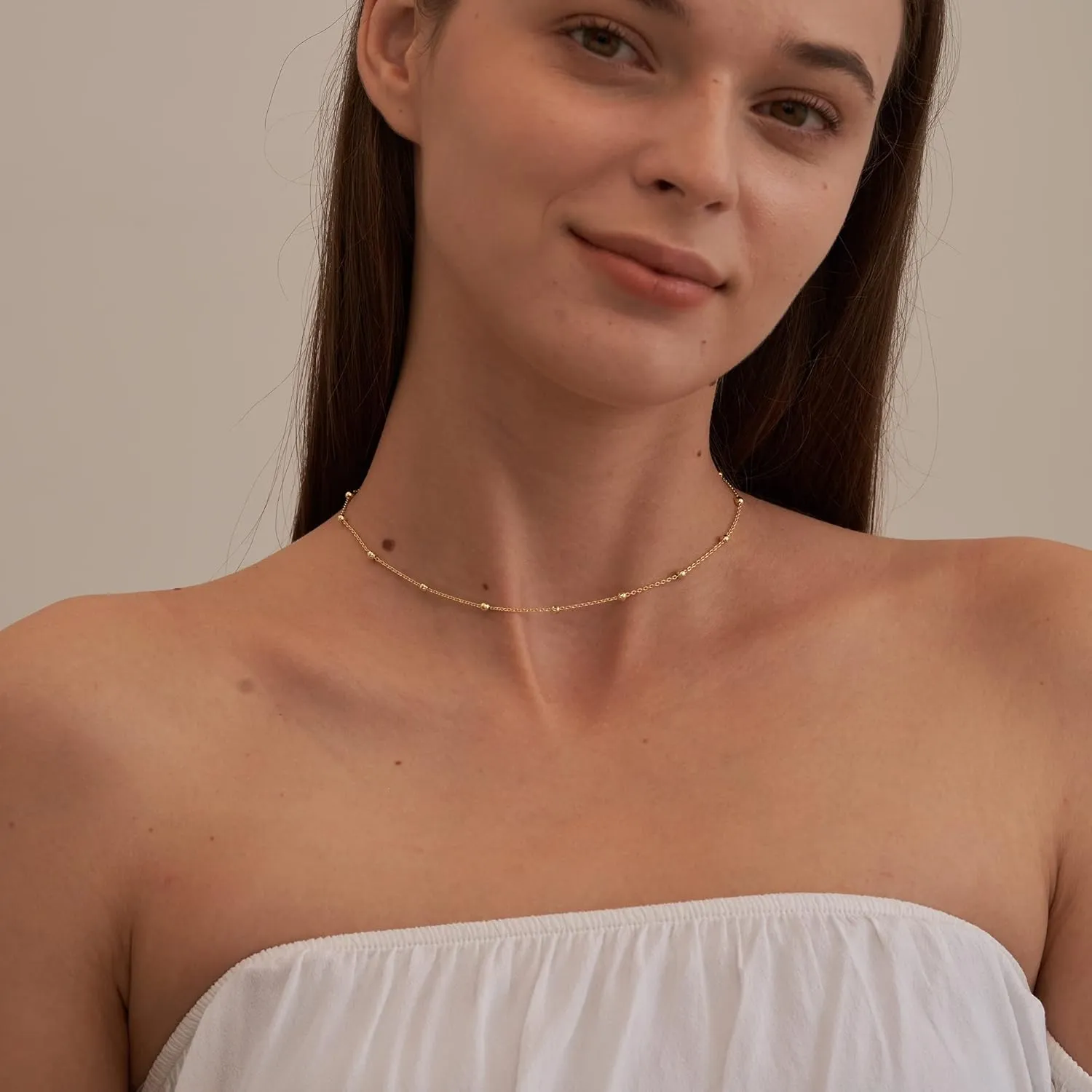 Tewiky Gold Chain Necklace for Women, 14k Gold Plated Thin Beaded Wave Box Chain Necklace Dainty Gold Necklace Simple Layered Gold Choker Necklaces Minimalist Gold Link Chain Necklace Trendy Jewelry for Women