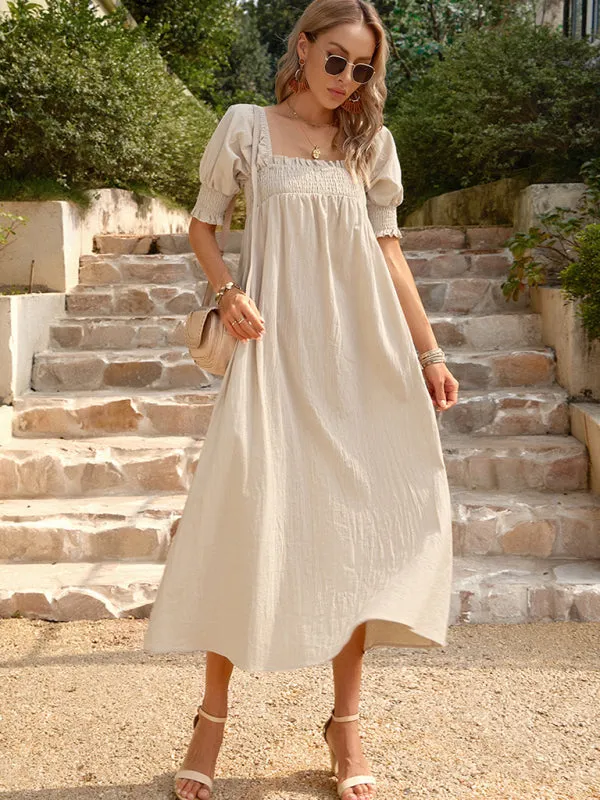 Textured Cotton Puff Sleeve Smocked Flowy Maxi Dress