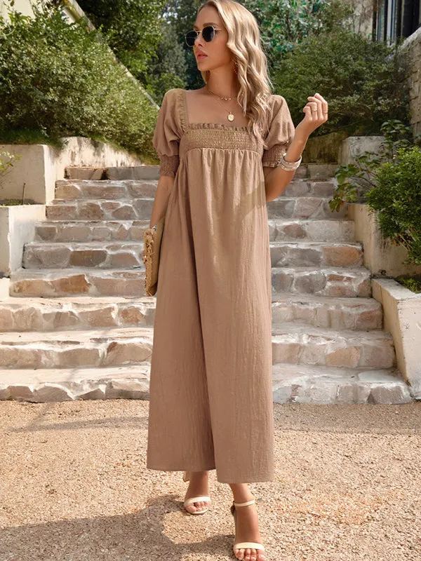 Textured Cotton Puff Sleeve Smocked Flowy Maxi Dress