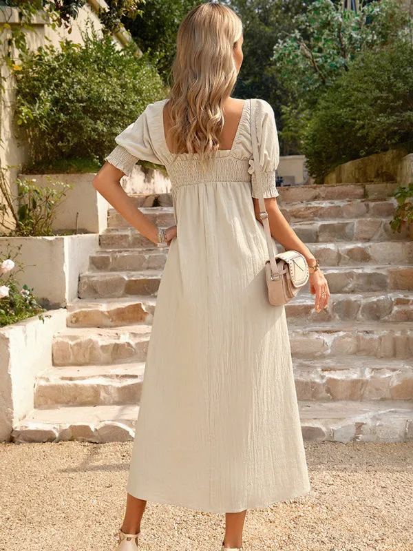Textured Cotton Puff Sleeve Smocked Flowy Maxi Dress