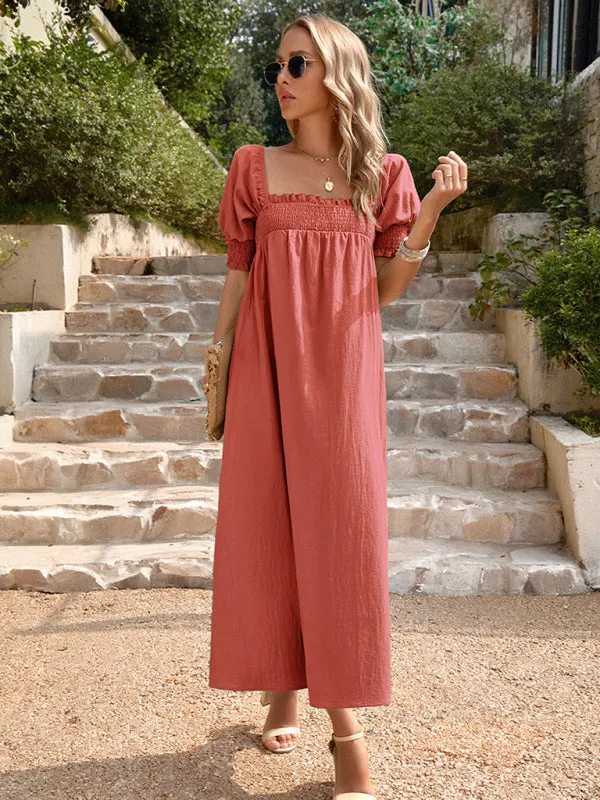 Textured Cotton Puff Sleeve Smocked Flowy Maxi Dress