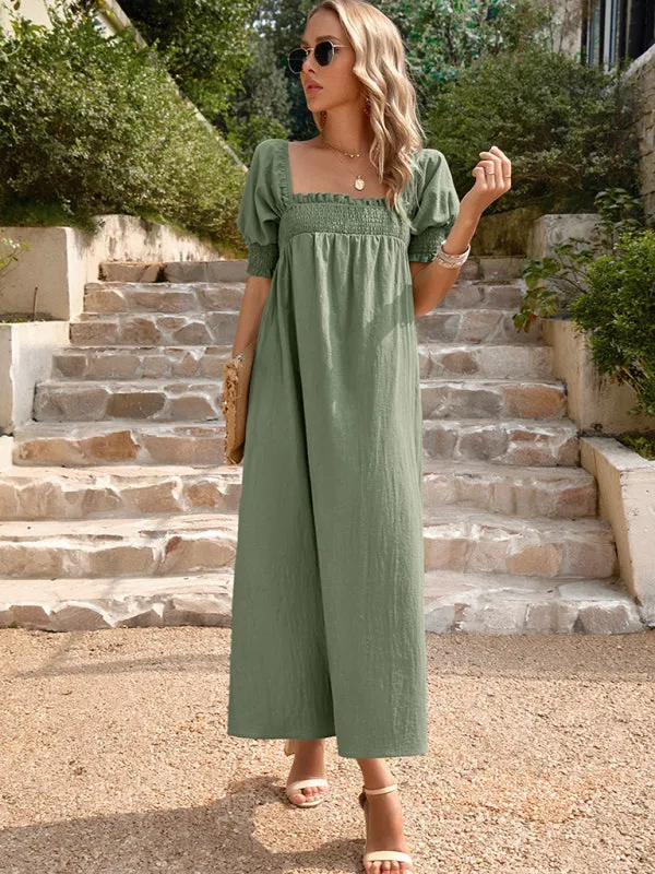 Textured Cotton Puff Sleeve Smocked Flowy Maxi Dress