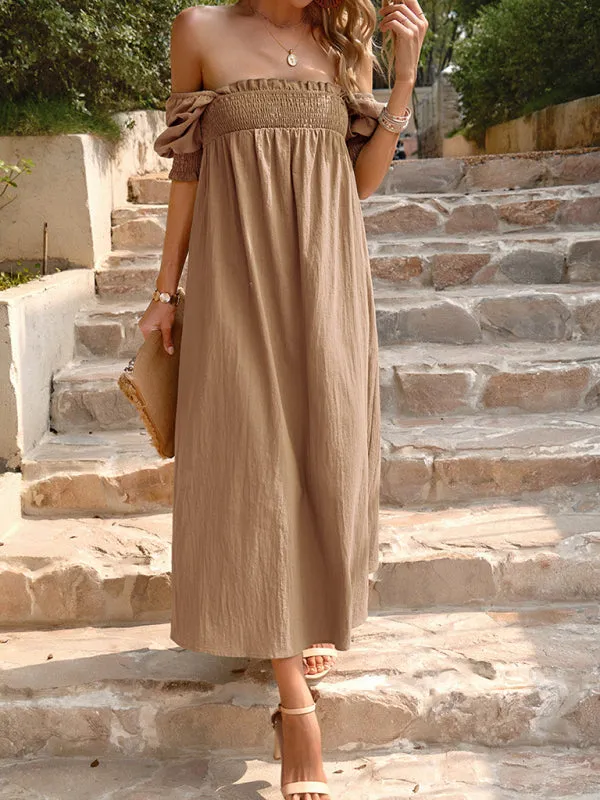 Textured Cotton Puff Sleeve Smocked Flowy Maxi Dress