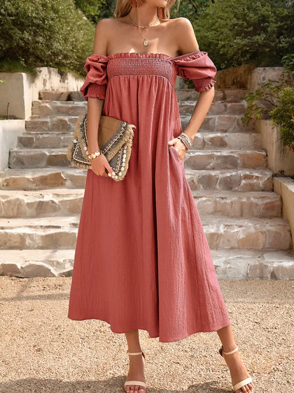 Textured Cotton Puff Sleeve Smocked Flowy Maxi Dress