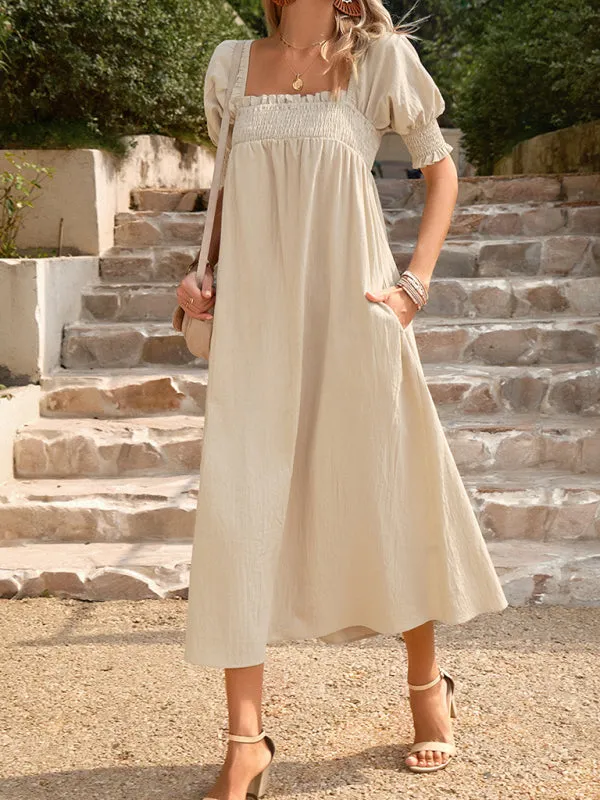 Textured Cotton Puff Sleeve Smocked Flowy Maxi Dress