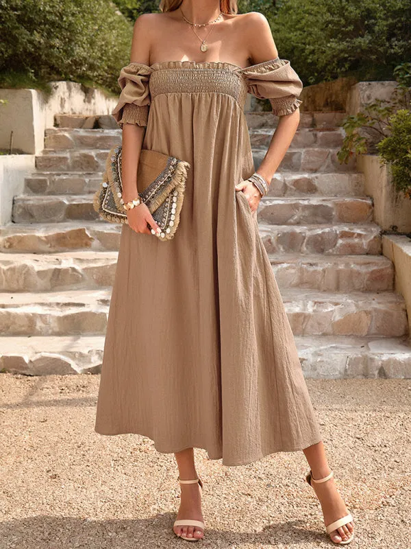 Textured Cotton Puff Sleeve Smocked Flowy Maxi Dress