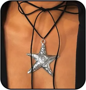 Tgirls Black Velet Necklace Silver Starfish Pendant Necklace Suede Vintage Necklaces Long Rope Choker Necklace for Women