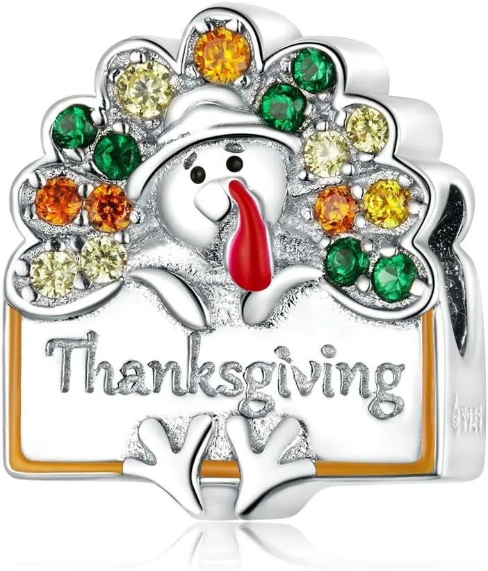 Thanksgiving Charm 925 Sterling Silver Family,Love,Turkey Charm Fit Bracelet for Thanksgiving/Christmas Day