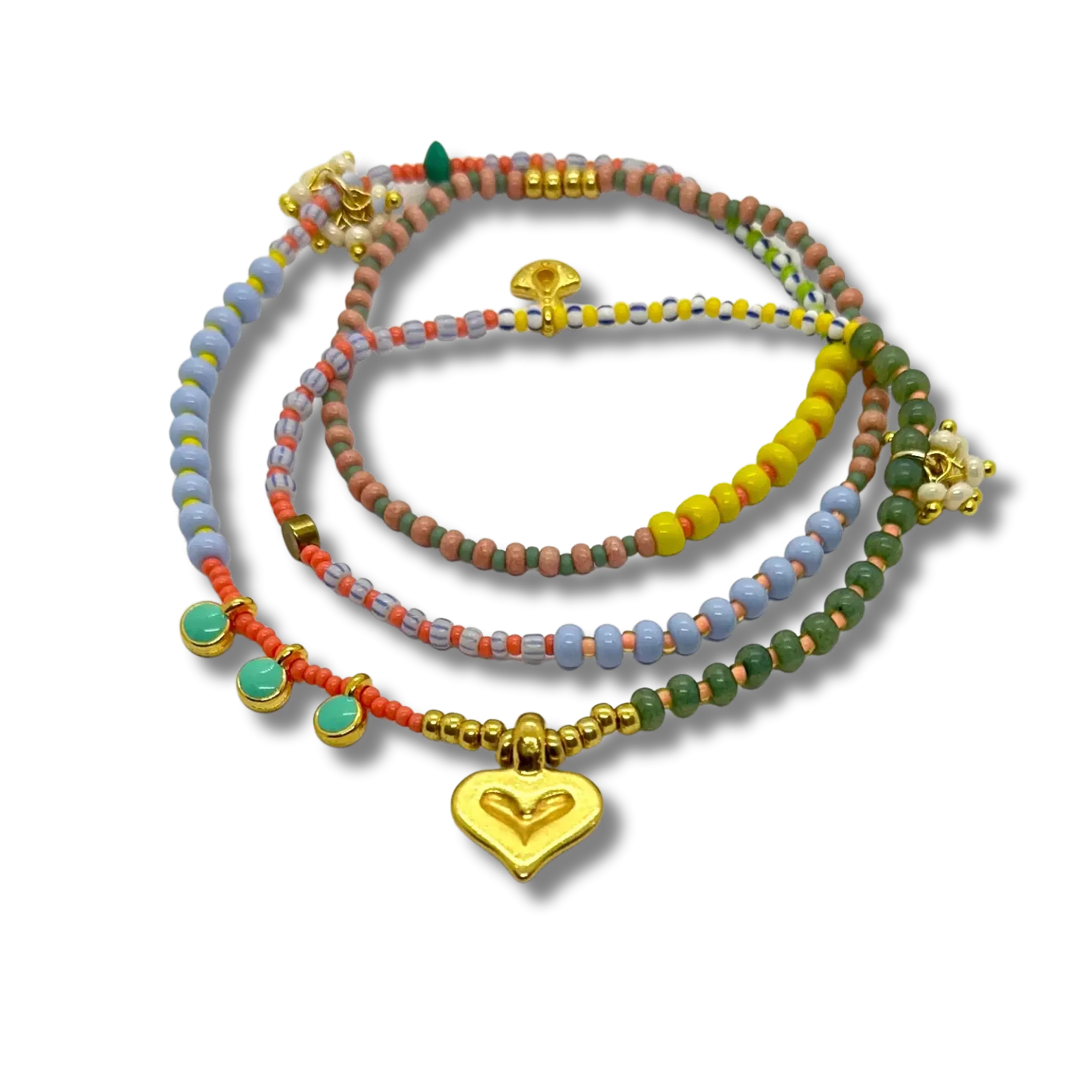 THE MAKERY ICE CREAM COLOURED LOOPSTRING WITH PEARL BUNCHES AND HEART CHARM