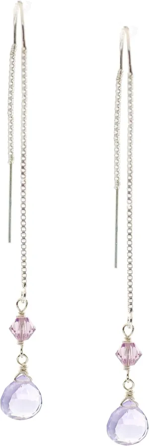Threader Earrings with Faceted Amethyst Briolette Drops and Violet Austrian Crystal Accents in Sterling Silver and 14k Gold-Plated Sterling Silver