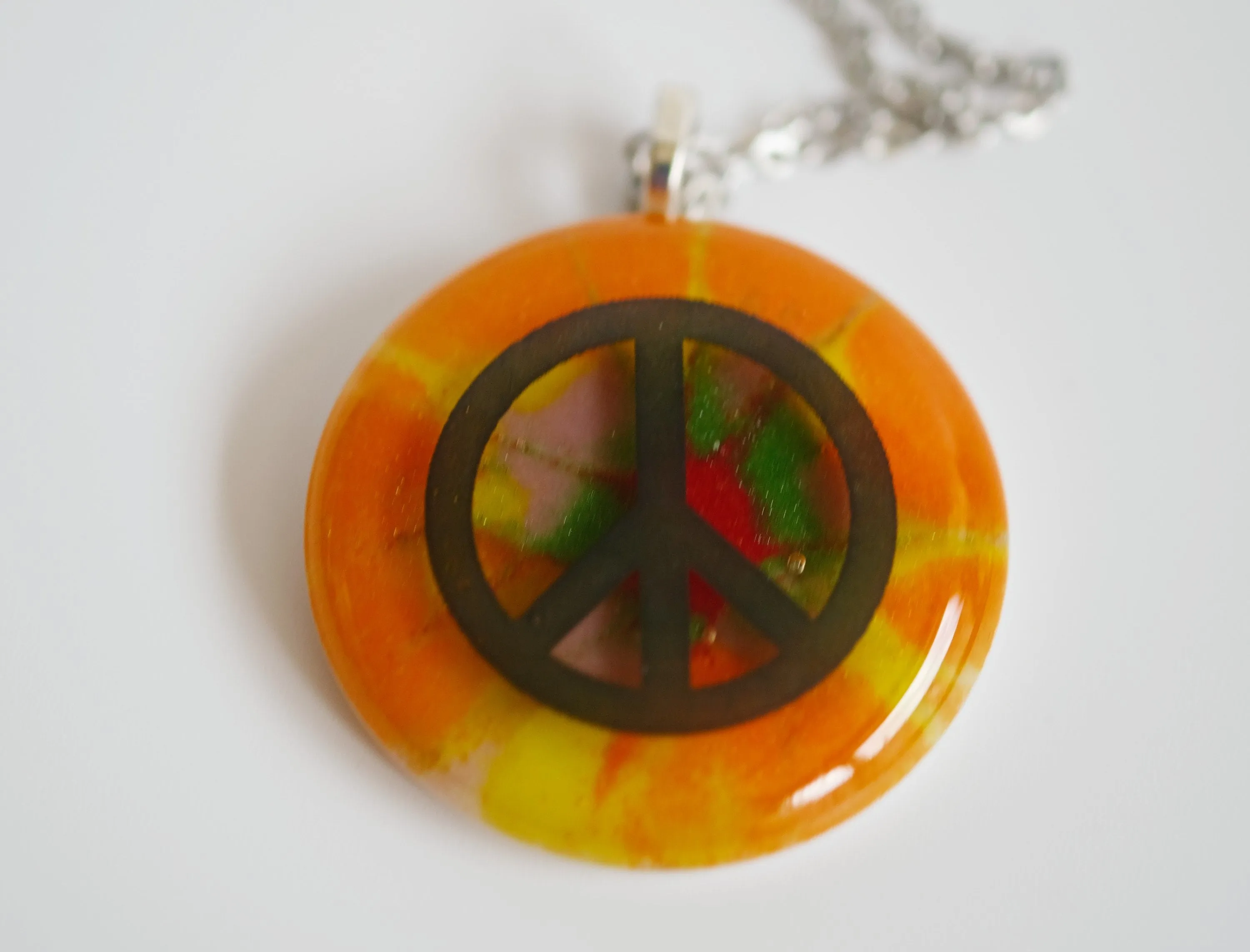 Tie Dye look and Peace Sign fused glass Circle pendant necklace jewelry, rainbow color on 20 inch steel chain