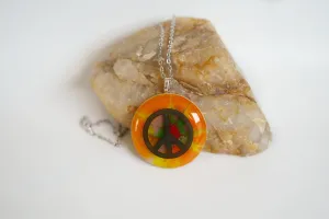 Tie Dye look and Peace Sign fused glass Circle pendant necklace jewelry, rainbow color on 20 inch steel chain