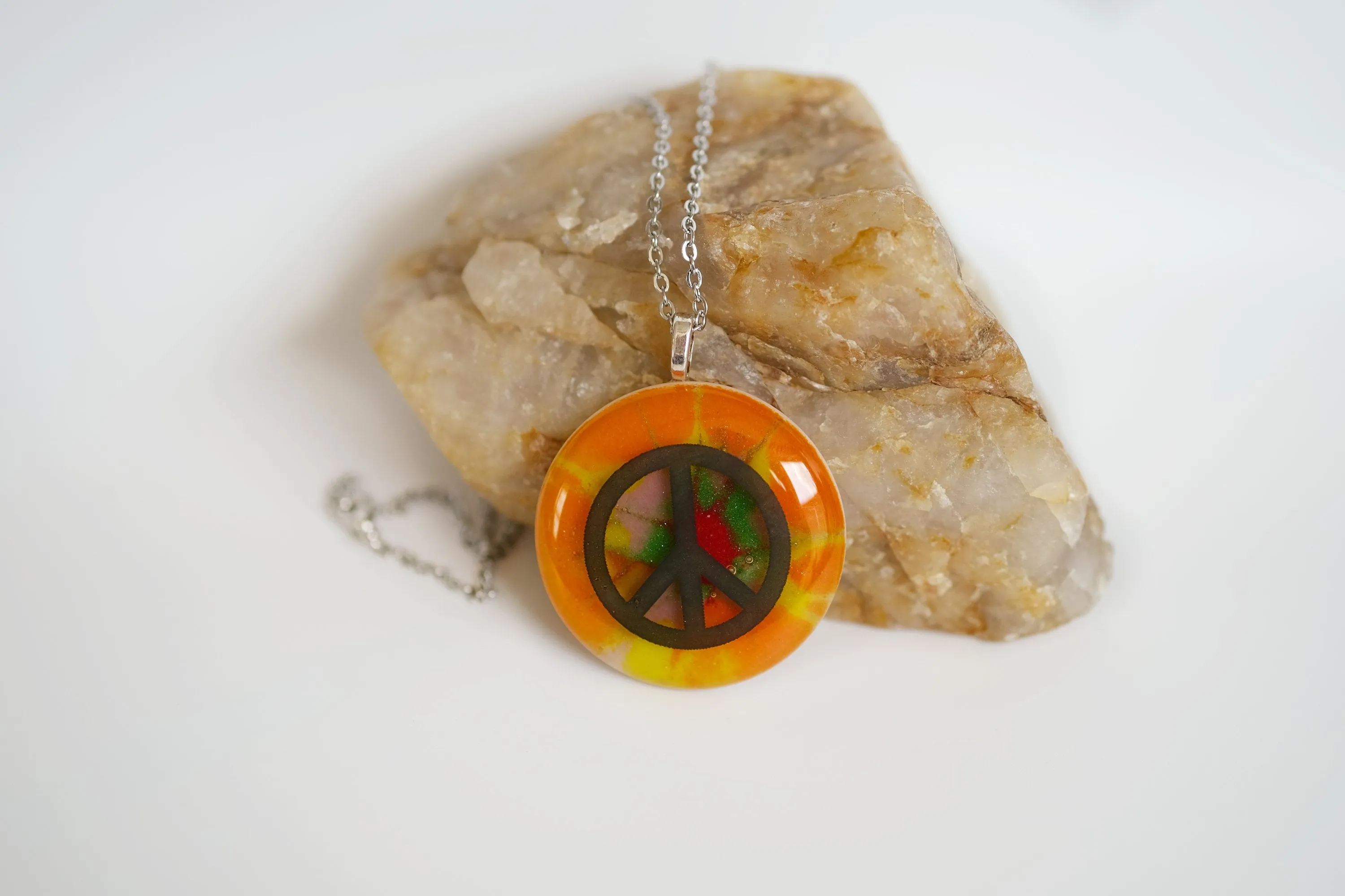 Tie Dye look and Peace Sign fused glass Circle pendant necklace jewelry, rainbow color on 20 inch steel chain