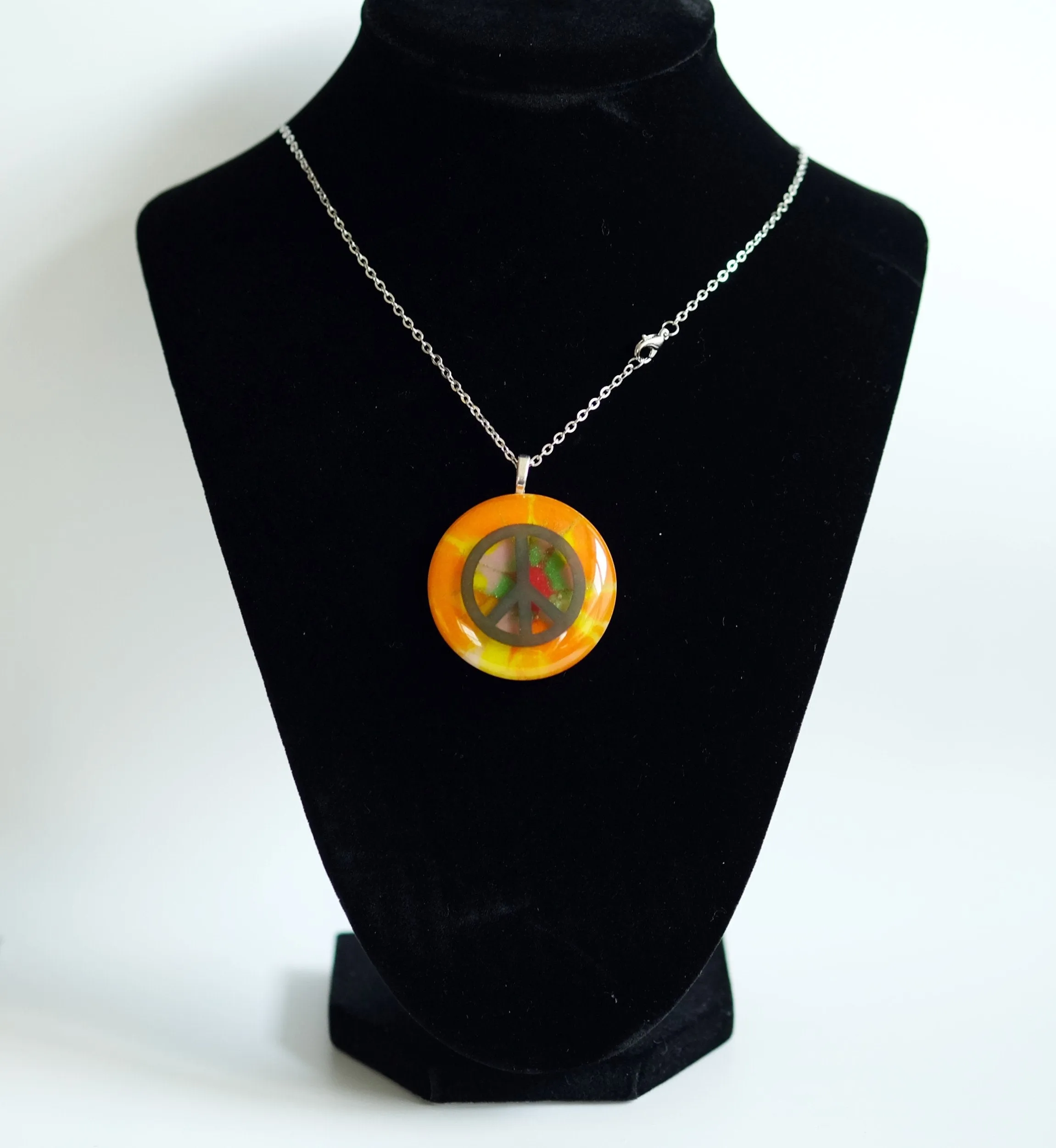 Tie Dye look and Peace Sign fused glass Circle pendant necklace jewelry, rainbow color on 20 inch steel chain