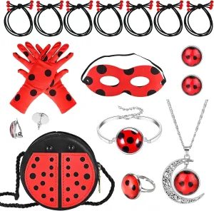 Tigvio Ladybird Costume Set, Ladybird Mask, Gloves, Bag, Ladybird Jewellery Set, Ladybird Costume, Children, Ladybird Costume, Girls, Cosplay, Fancy Dress, Ladybird Toy, Pack of 14