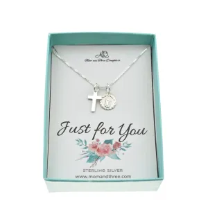 Tiny Cross and Virgin Mary Necklace in Sterling Silver on a 14" Sterling Silver Chain. 11mm x 9mm Virgin Mary. 15mm x 7mm Cross. Little Girl's Jewelry. Easter Gift. Goddaughter Present. Lent.