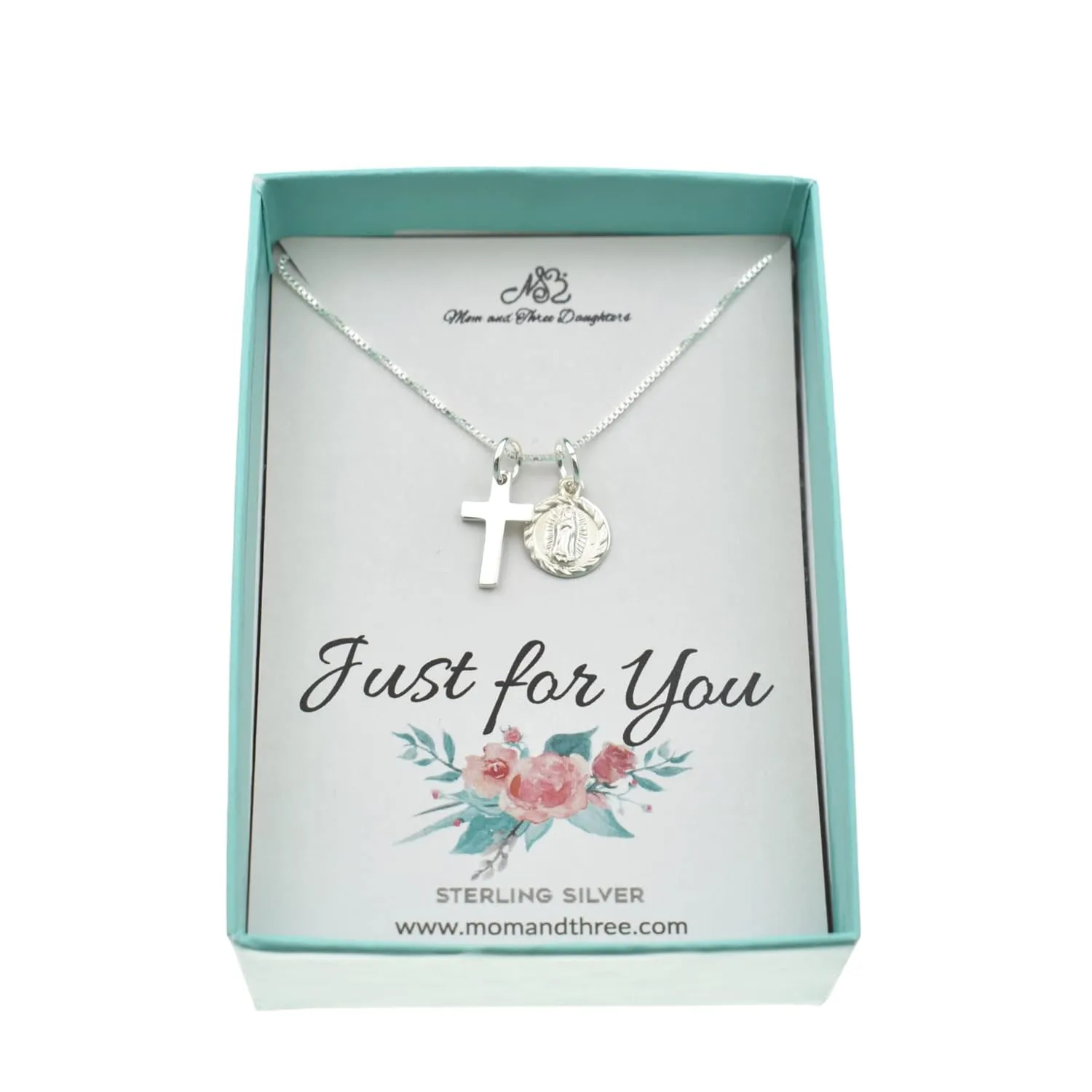 Tiny Cross and Virgin Mary Necklace in Sterling Silver on a 14" Sterling Silver Chain. 11mm x 9mm Virgin Mary. 15mm x 7mm Cross. Little Girl's Jewelry. Easter Gift. Goddaughter Present. Lent.