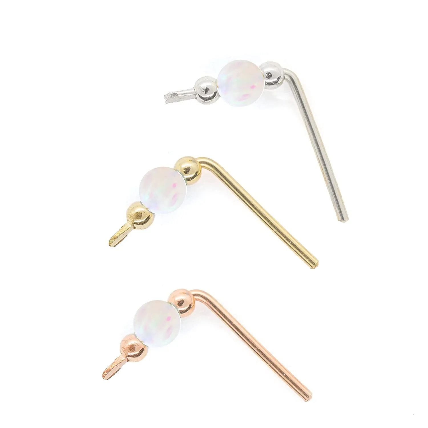 Tiny Short Climber Bar Stud Earring with Opal Bead in 14k Gold Filled Rose Gold filled and Sterling Silve, Crawler Ear Sweep (Light Blue Opal, gold-filled)
