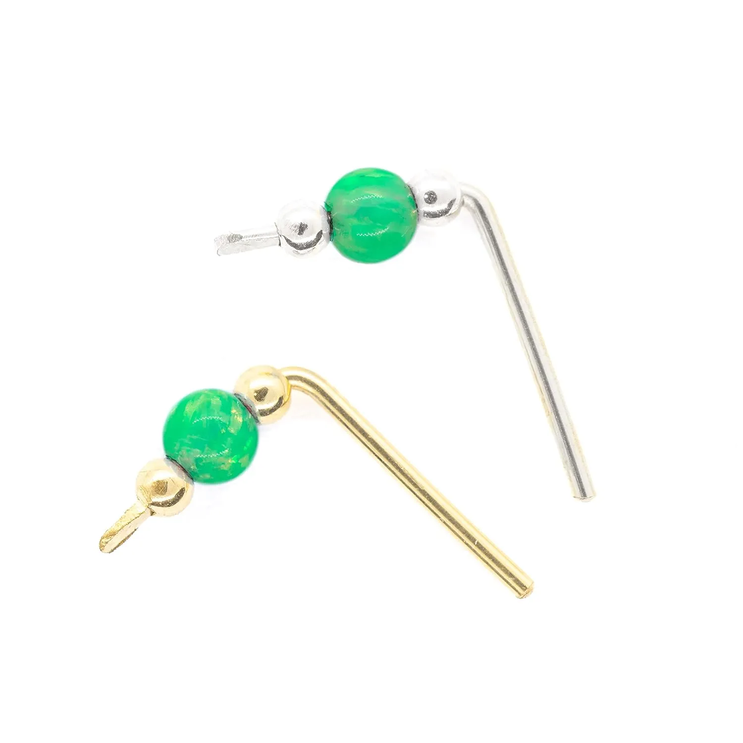 Tiny Short Climber Bar Stud Earring with Opal Bead in 14k Gold Filled Rose Gold filled and Sterling Silve, Crawler Ear Sweep (Light Blue Opal, gold-filled)