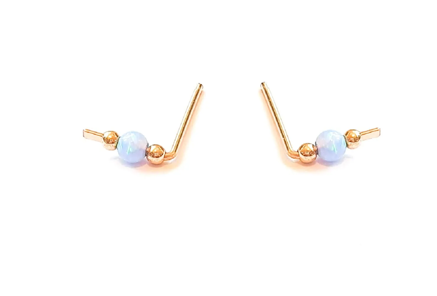 Tiny Short Climber Bar Stud Earring with Opal Bead in 14k Gold Filled Rose Gold filled and Sterling Silve, Crawler Ear Sweep (Light Blue Opal, gold-filled)