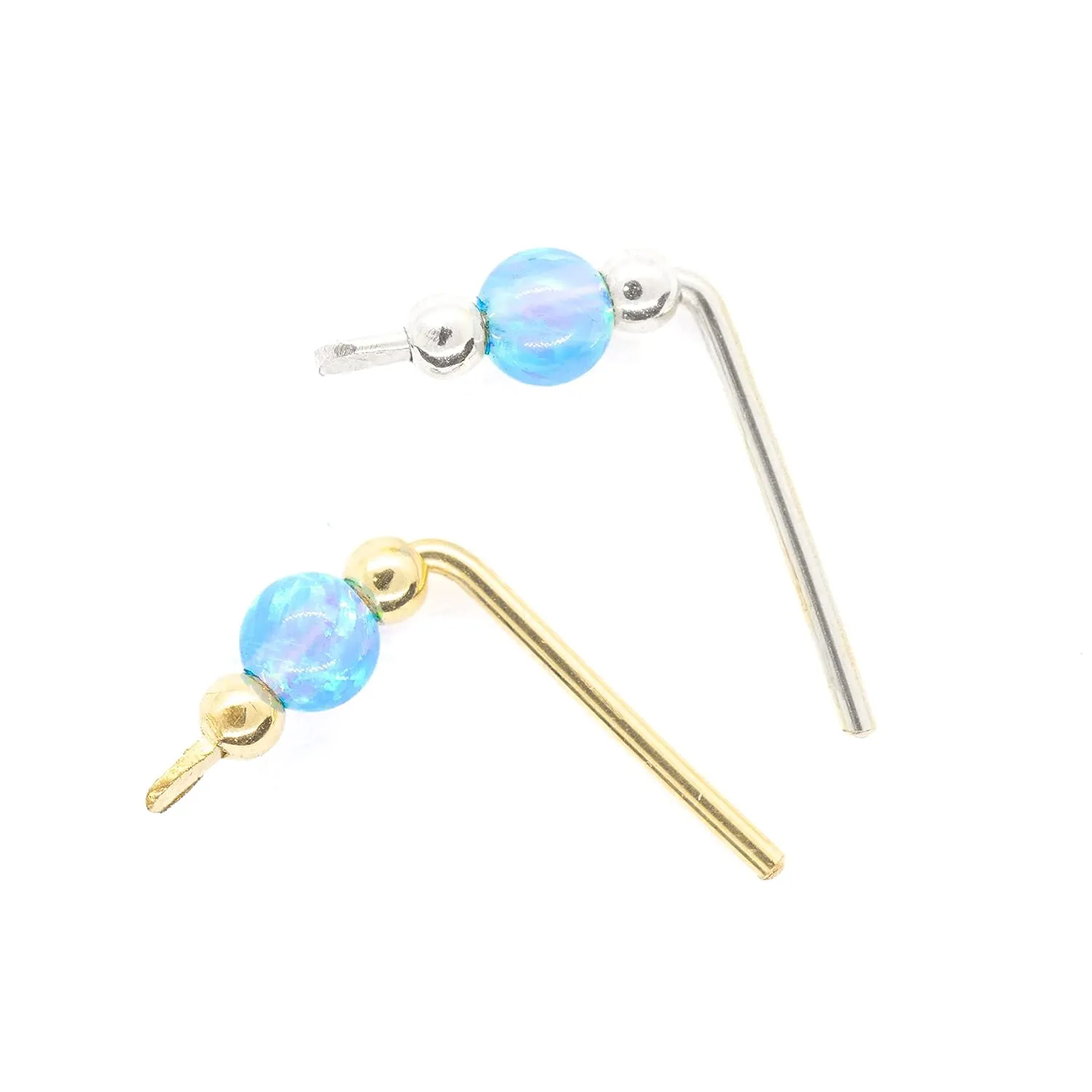 Tiny Short Climber Bar Stud Earring with Opal Bead in 14k Gold Filled Rose Gold filled and Sterling Silve, Crawler Ear Sweep (Light Blue Opal, gold-filled)
