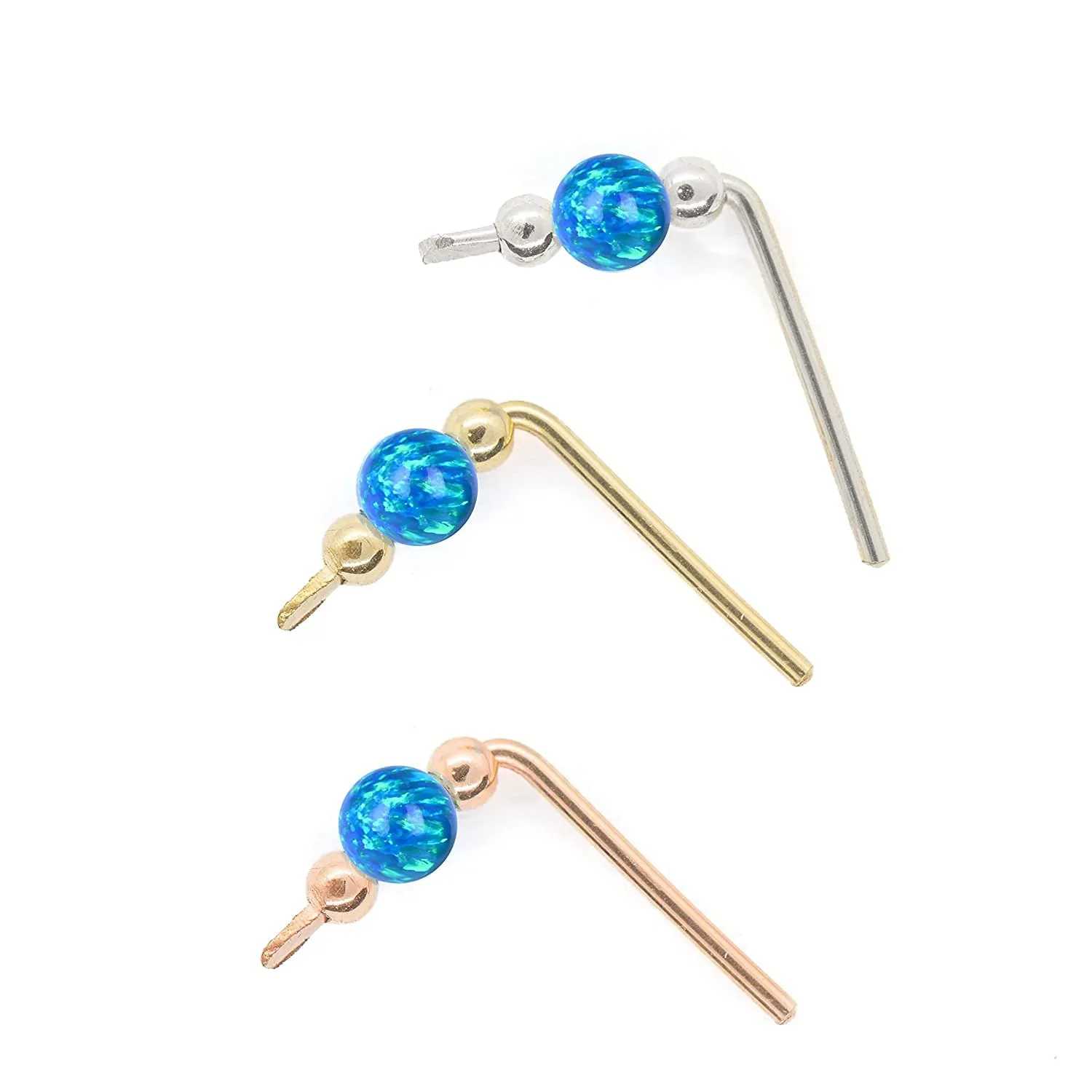 Tiny Short Climber Bar Stud Earring with Opal Bead in 14k Gold Filled Rose Gold filled and Sterling Silve, Crawler Ear Sweep (Light Blue Opal, gold-filled)