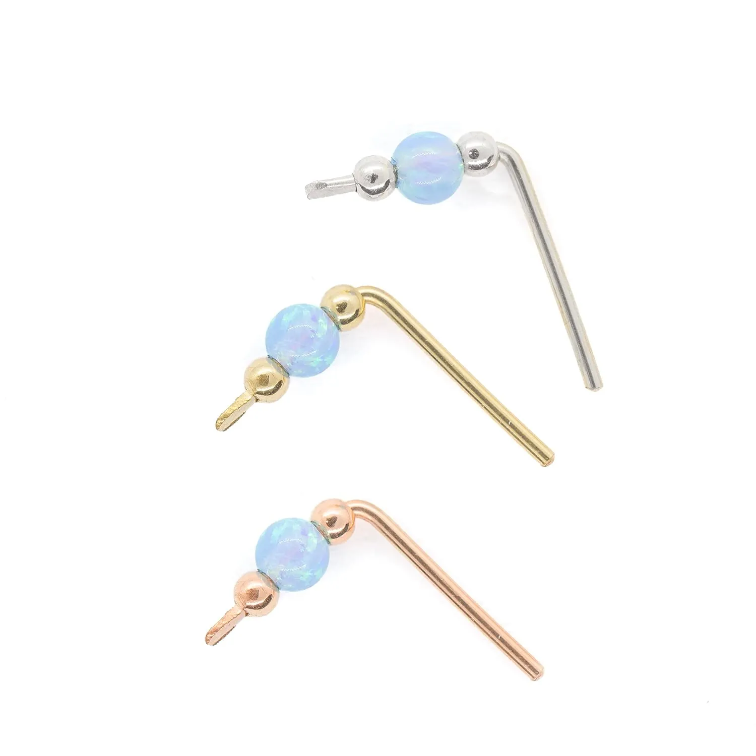 Tiny Short Climber Bar Stud Earring with Opal Bead in 14k Gold Filled Rose Gold filled and Sterling Silve, Crawler Ear Sweep (Light Blue Opal, gold-filled)