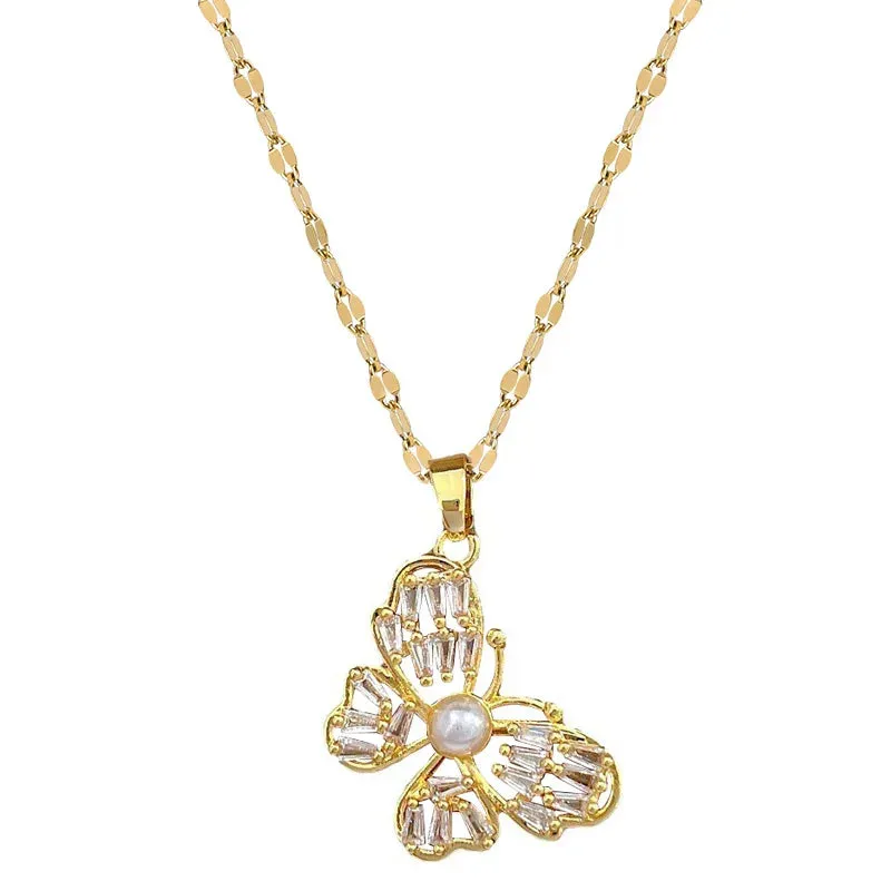 （Titanium Steel） Light Luxury, Gorgeous Full Zircon Pearl Butterfly Necklace, Versatile Clavicle Chain for Women