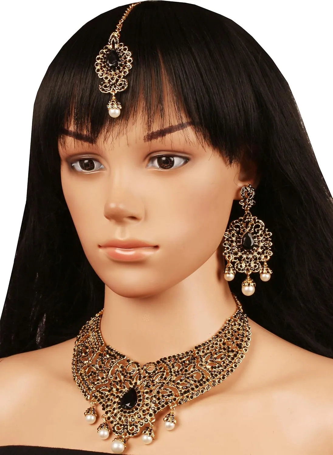 Touchstone Indian jewelry bollywood for women statement necklace sets wedding royal bridal ornaments big large matha tikka statement rajasthani mangtika traditional in antique gold or white tone