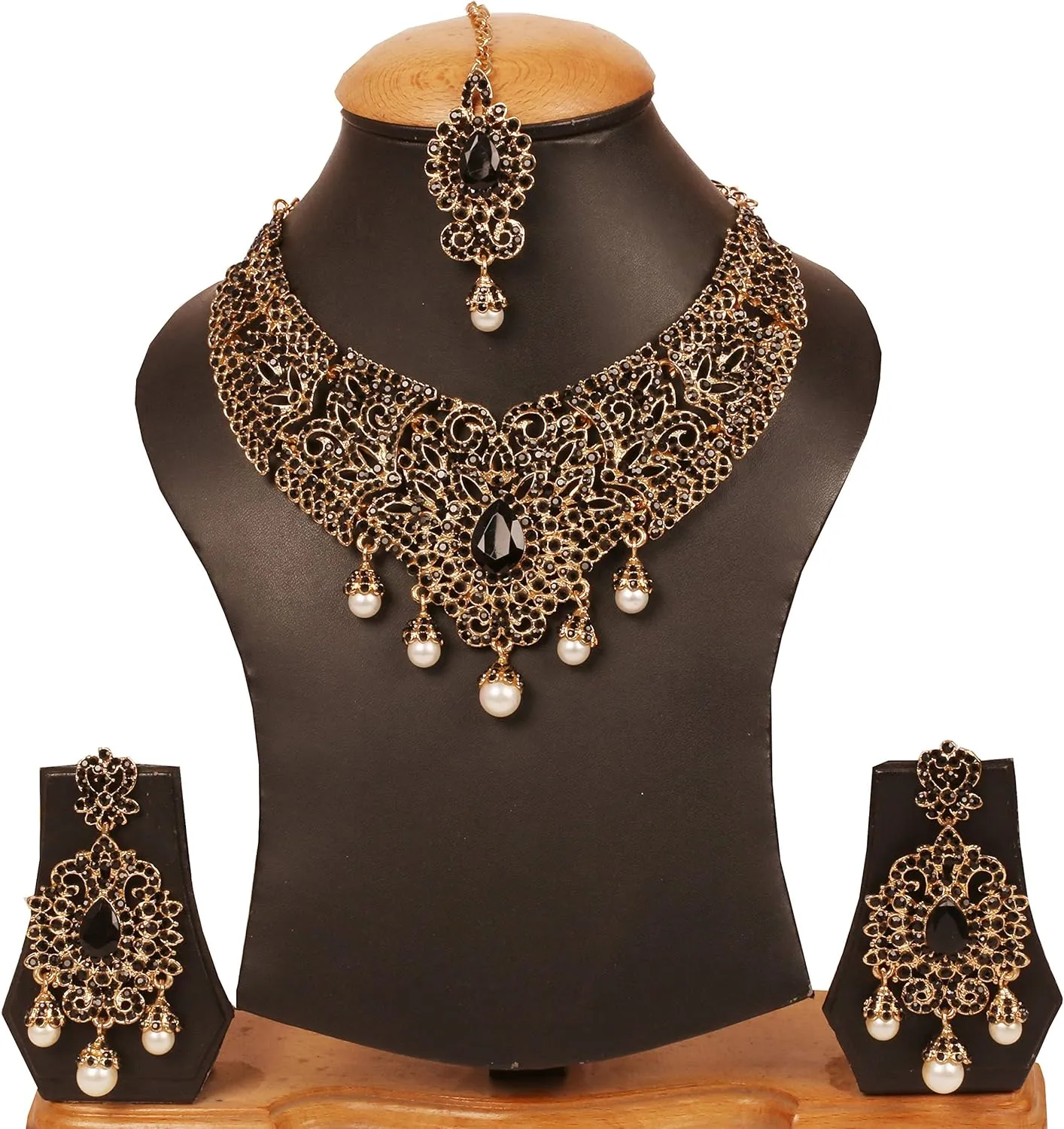 Touchstone Indian jewelry bollywood for women statement necklace sets wedding royal bridal ornaments big large matha tikka statement rajasthani mangtika traditional in antique gold or white tone