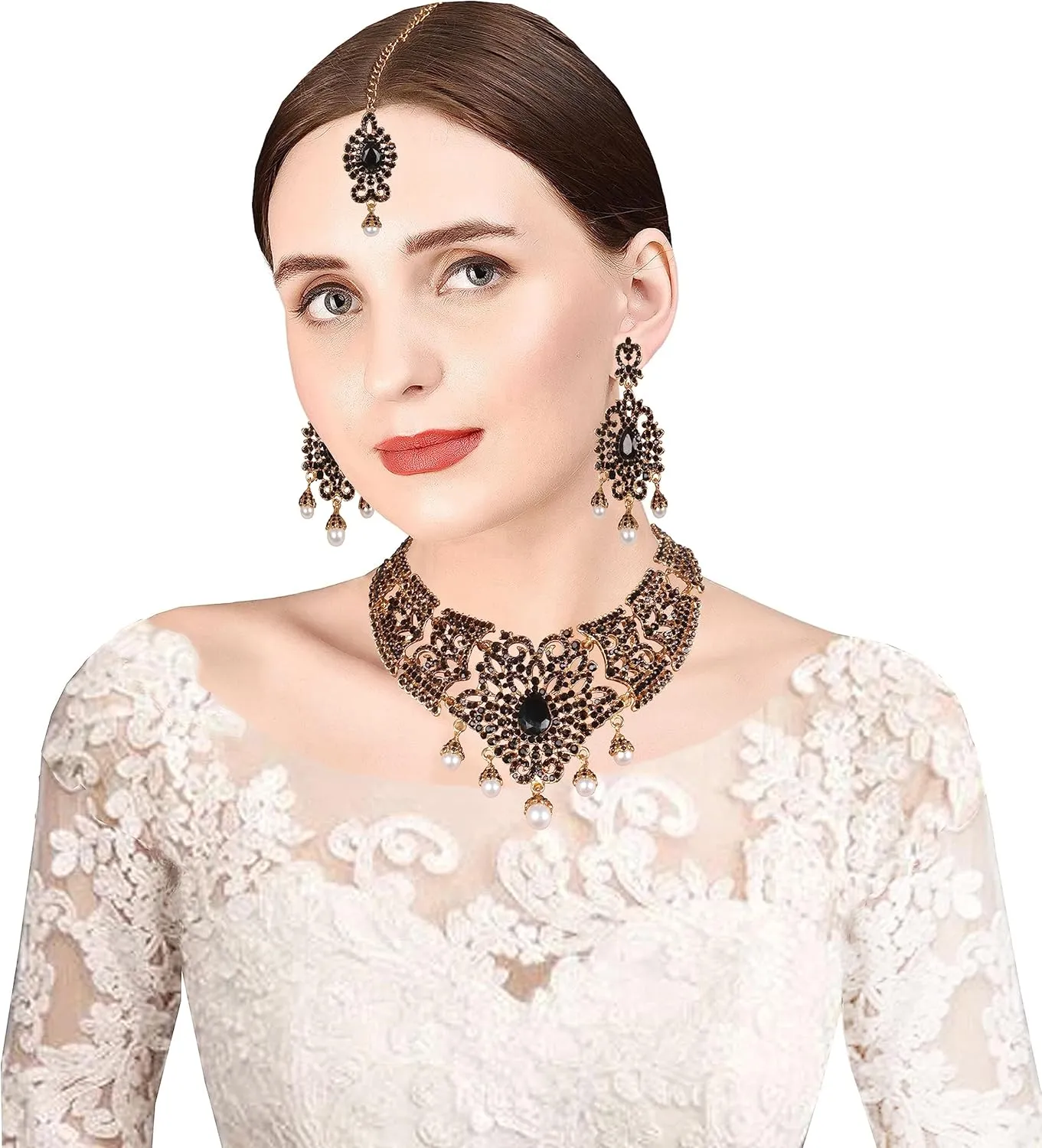 Touchstone Indian jewelry bollywood for women statement necklace sets wedding royal bridal ornaments big large matha tikka statement rajasthani mangtika traditional in antique gold or white tone