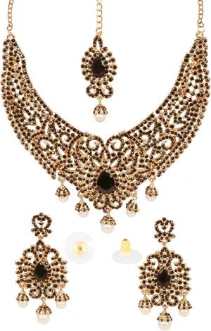 Touchstone Indian jewelry bollywood for women statement necklace sets wedding royal bridal ornaments big large matha tikka statement rajasthani mangtika traditional in antique gold or white tone