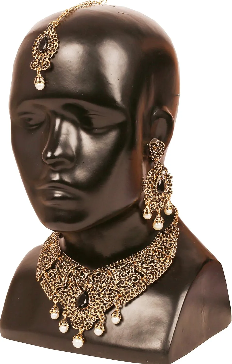 Touchstone Indian jewelry bollywood for women statement necklace sets wedding royal bridal ornaments big large matha tikka statement rajasthani mangtika traditional in antique gold or white tone