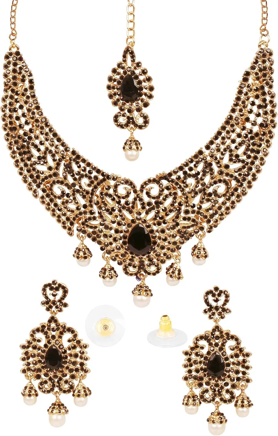 Touchstone Indian jewelry bollywood for women statement necklace sets wedding royal bridal ornaments big large matha tikka statement rajasthani mangtika traditional in antique gold or white tone
