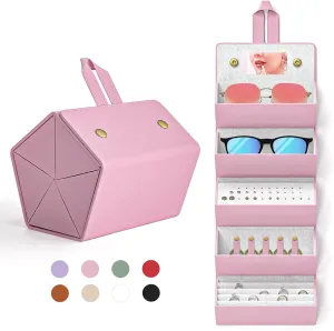 Travel Case for Sunlgasses and Jewelry, Foldable Jewelry Case Eye Glasses Organizer, Hanging Loop, Interior Mirror, 5 Compartments for Eyewears, Rings, Necklaces, Earrings, Pink