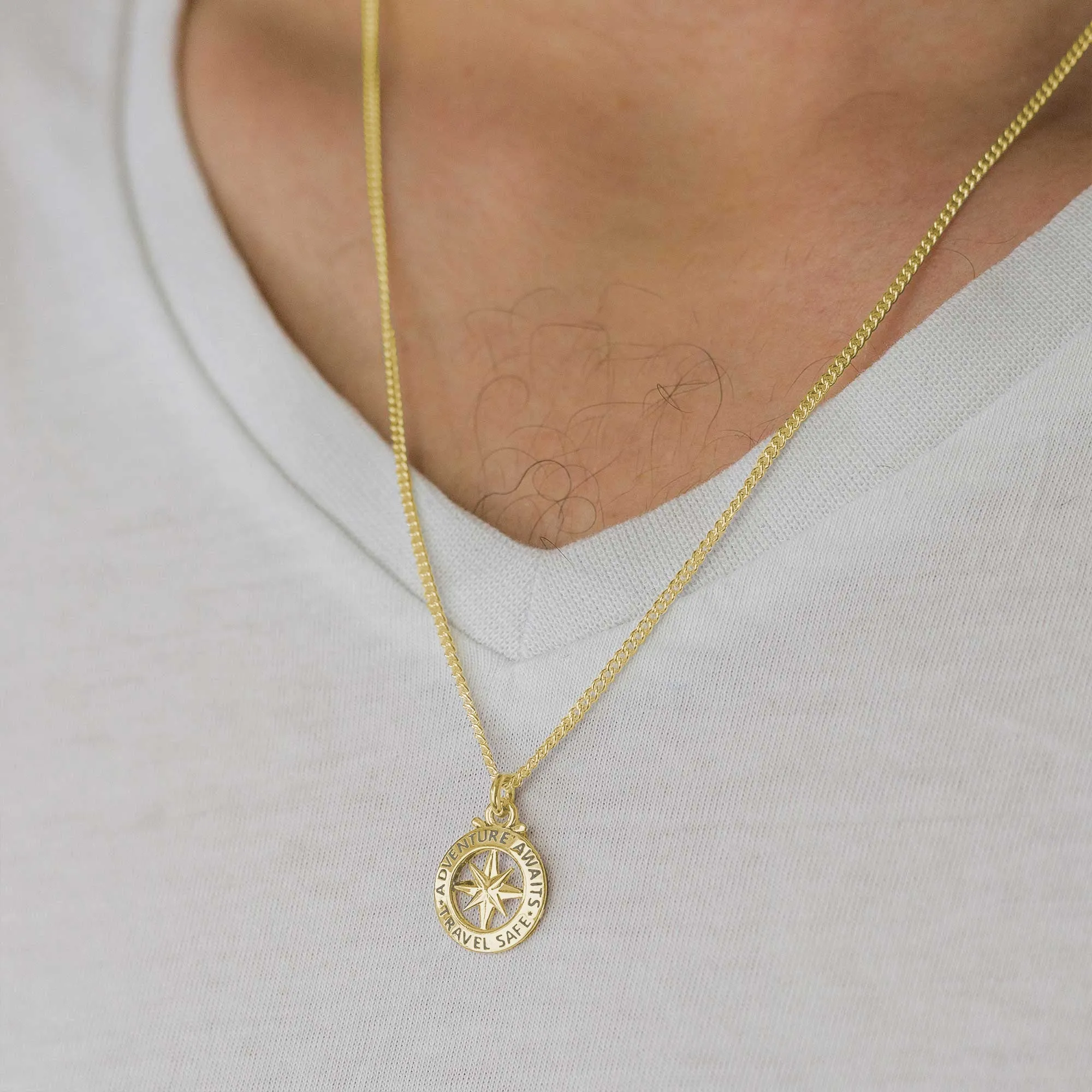 Travel Safe Outline Compass Small Solid Gold Necklace